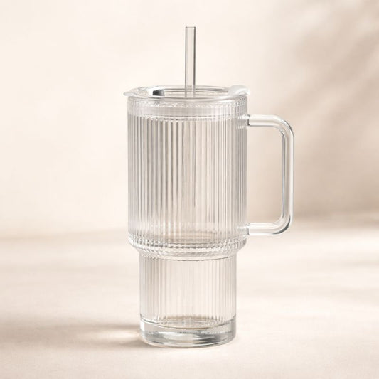 Ribra™ | Ribbed Glass Tumbler with Handle & Straw