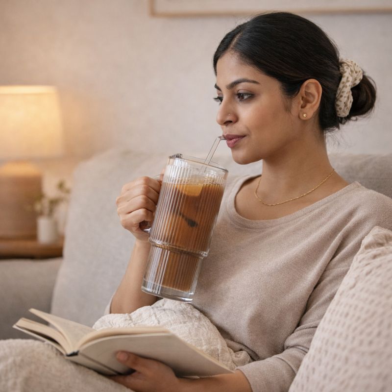 Ribra™ | Ribbed Glass Tumbler with Handle & Straw