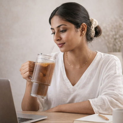 Ribra™ | Ribbed Glass Tumbler with Handle & Straw