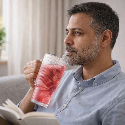 Ribra™ | Ribbed Glass Tumbler with Handle & Straw