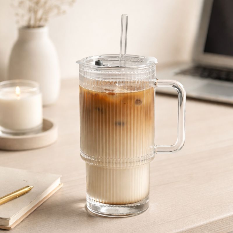Ribra™ | Ribbed Glass Tumbler with Handle & Straw