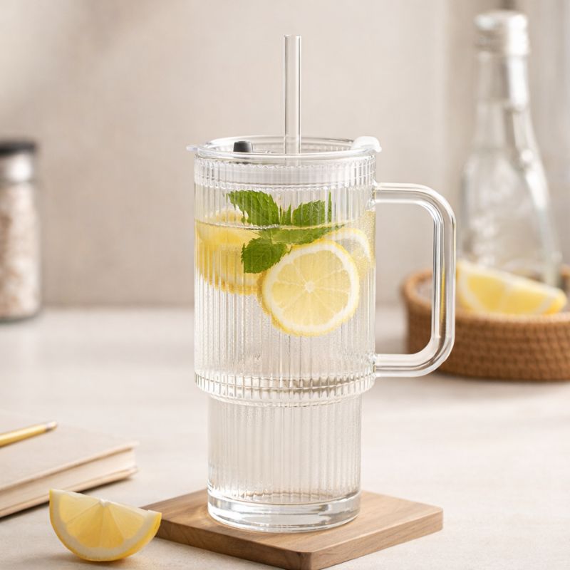 Ribra™ | Ribbed Glass Tumbler with Handle & Straw