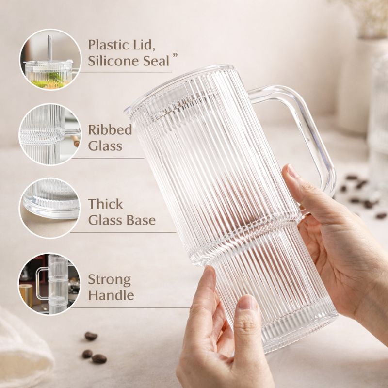 Ribra™ | Ribbed Glass Tumbler with Handle & Straw