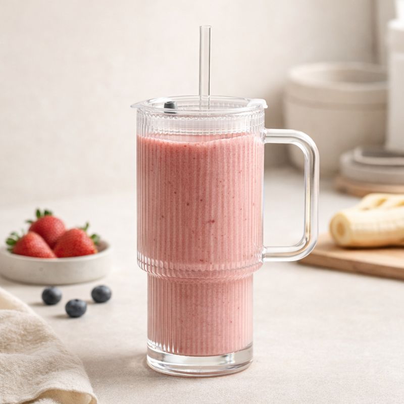 Ribra™ | Ribbed Glass Tumbler with Handle & Straw