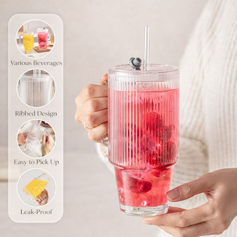 Ribra™ | Ribbed Glass Tumbler with Handle & Straw
