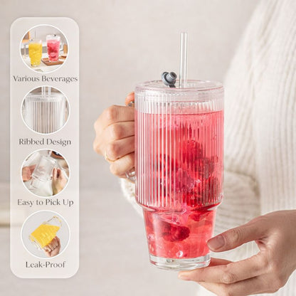 Ribra™ | Ribbed Glass Tumbler with Handle & Straw