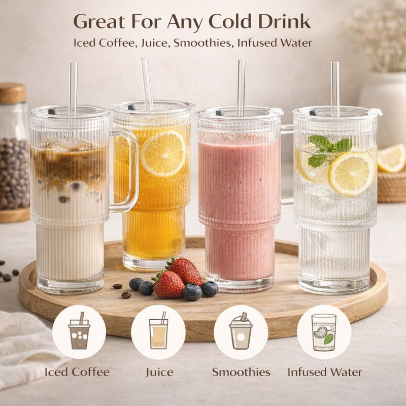 Ribra™ | Ribbed Glass Tumbler with Handle & Straw
