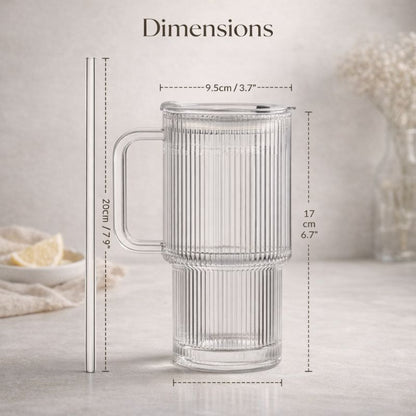 Ribra™ | Ribbed Glass Tumbler with Handle & Straw
