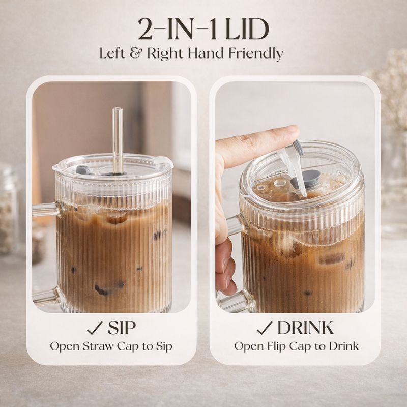 Ribra™ | Ribbed Glass Tumbler with Handle & Straw