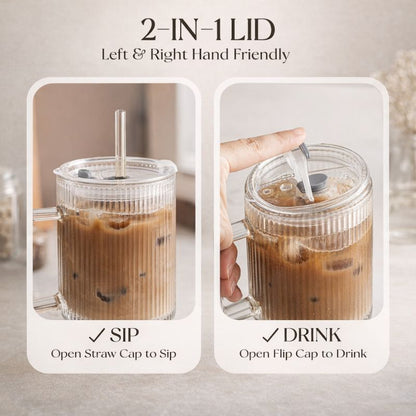 Ribra™ | Ribbed Glass Tumbler with Handle & Straw